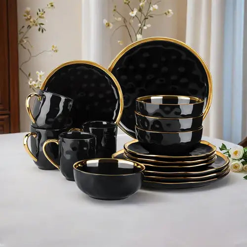 LOVECASA Black Porcelain Dinnerware Set – 16/32 Piece Tableware with Gold Trim