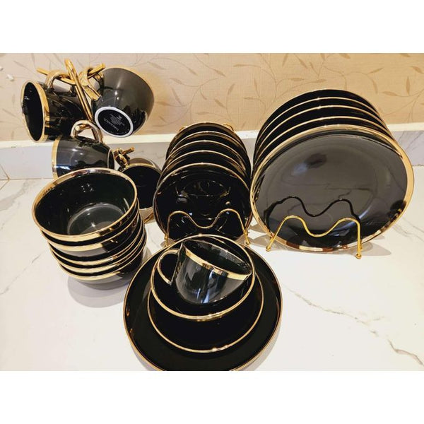 LOVECASA Black Porcelain Dinnerware Set – 16/32 Piece Tableware with Gold Trim