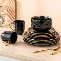 LOVECASA Black Porcelain Dinnerware Set – 16/32 Piece Tableware with Gold Trim