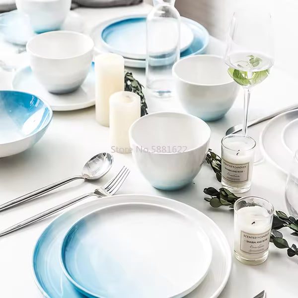 Nordic Gradient Blue Ceramic Dinnerware Set – Plates, Bowls, Cups & Serving Trays