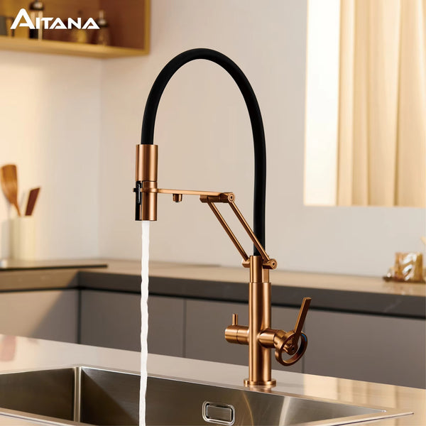 Brushed Rose Gold Kitchen Faucet with Filter Tap – Pull-Out Hot & Cold Mixer