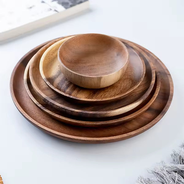 Japanese Style Solid Wooden Dinner Plate – Round Serving Tray for Snacks & Tea