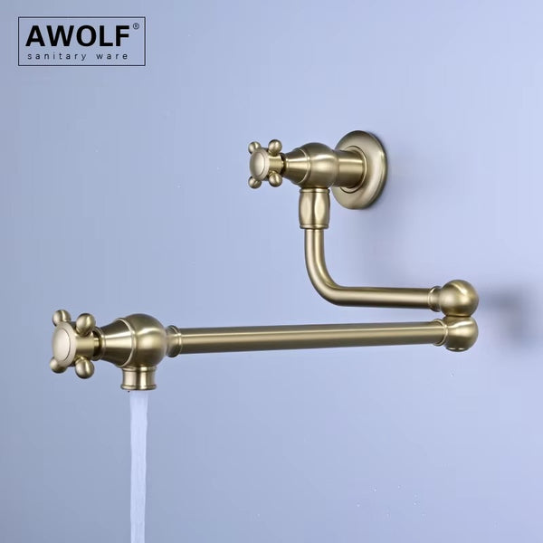 Awolf Solid Brass Pot Filler Faucet – Wall Mounted Folding Kitchen Tap with 360° Rotation