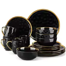 LOVECASA Black Porcelain Dinnerware Set – 16/32 Piece Tableware with Gold Trim