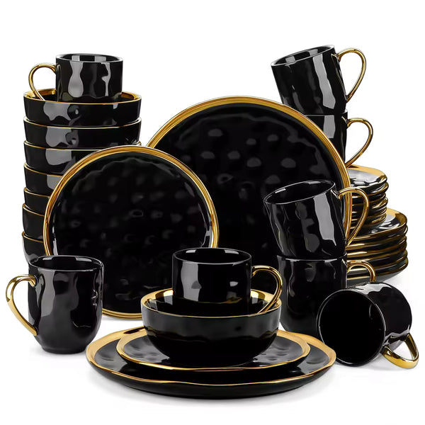LOVECASA Black Porcelain Dinnerware Set – 16/32 Piece Tableware with Gold Trim
