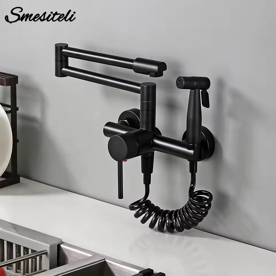 Solid Brass Deck-Mounted Kitchen Faucet with Spray Gun – Double-Jointed Hot & Cold Water Tap
