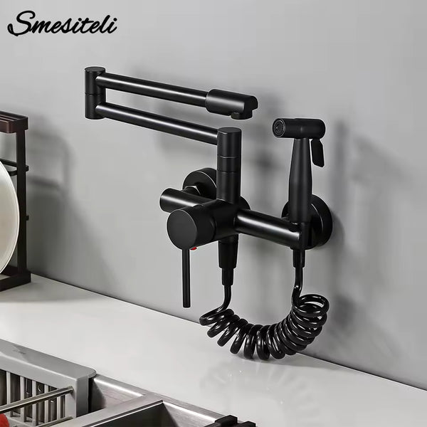Solid Brass Deck-Mounted Kitchen Faucet with Spray Gun – Double-Jointed Hot & Cold Water Tap