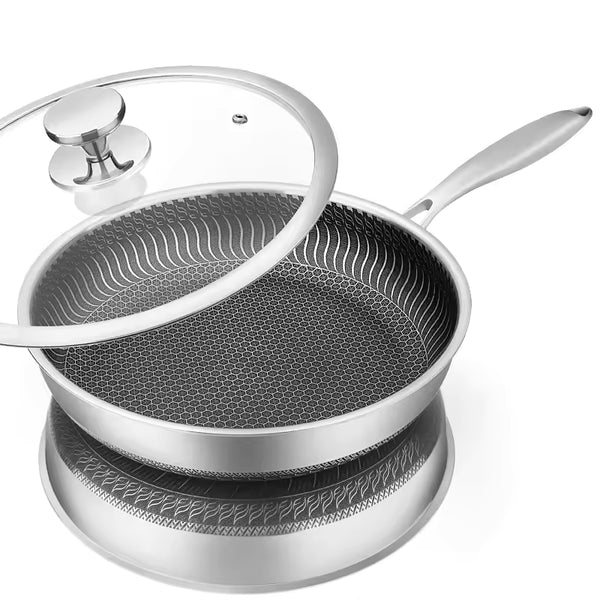 LMETJMA Stainless Steel Honeycomb Nonstick Frying Pan with Lid – Induction Compatible