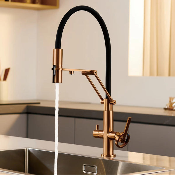 Brushed Rose Gold Kitchen Faucet with Filter Tap – Pull-Out Hot & Cold Mixer