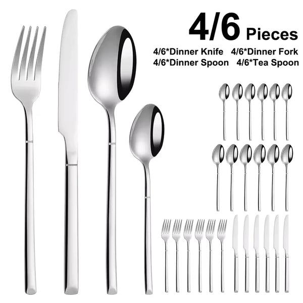 4/6/16/24PCS Stainless Steel Cutlery Set – Mirror Finish Knife, Fork & Spoon Tableware