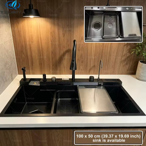 Stainless Steel Multifunctional Kitchen Sink – Waterfall Faucet with Digital Display