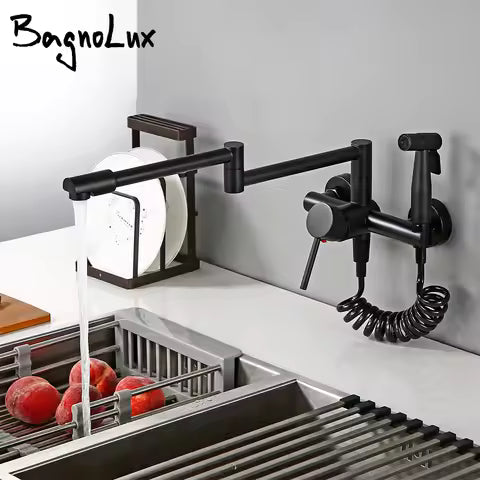 Solid Brass Deck-Mounted Kitchen Faucet with Spray Gun – Double-Jointed Hot & Cold Water Tap