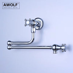 Awolf Solid Brass Pot Filler Faucet – Wall Mounted Folding Kitchen Tap with 360° Rotation